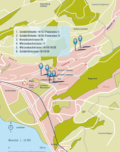 Der Lageplan unserer Immobilien; mit Klick auf die Nummer gelangen Sie zur Detailansicht der jeweiligen Immobilie